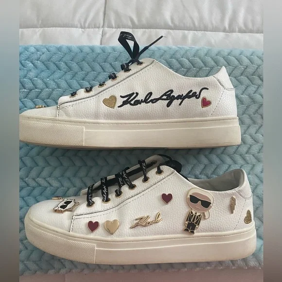 Karl Lagerfeld White Designer Sneakers Paris Cate Pin Logo Cat Size 8.5 - Picture 5 of 7